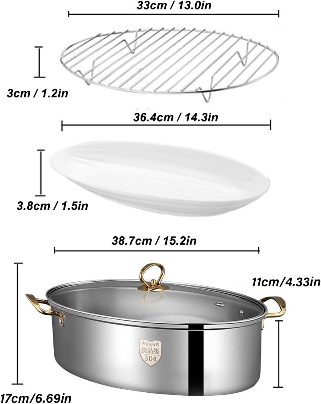 Edelstahl Fischdampftopf mit Glasdeckel und Keramikplatte
