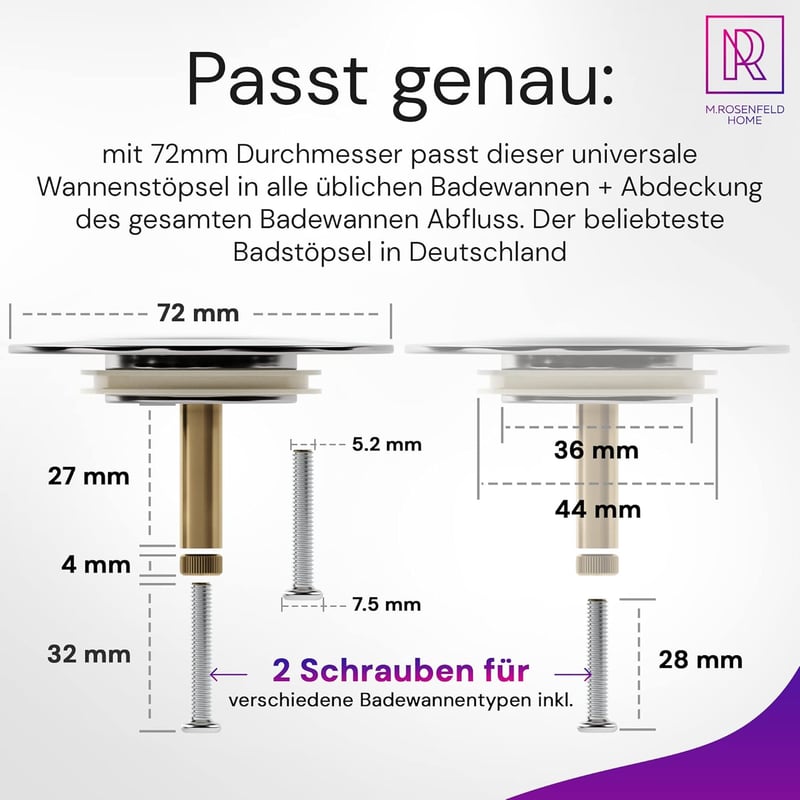 Premium Badewannenstöpsel Ø 72 mm aus Messing mit Doppel Dichtung