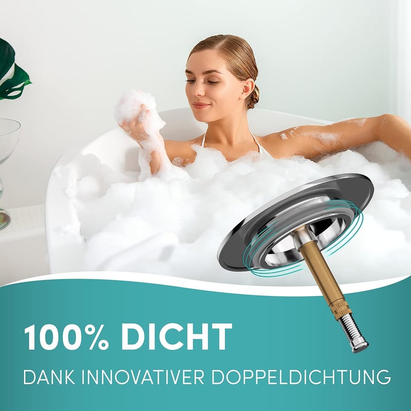 Universeller Badewannenstöpsel aus rostfreiem Chrom mit Doppel-Dichtung