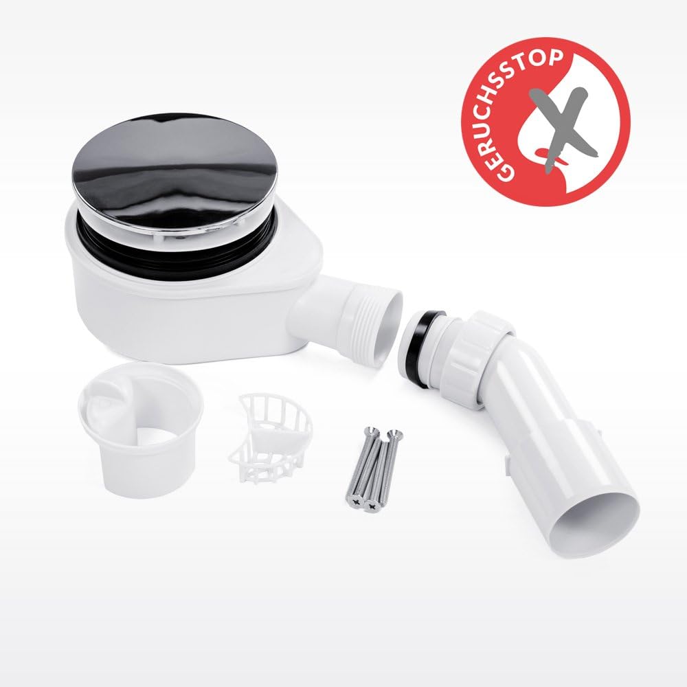 Nordona® VersoFlat Siphon mit Haarsieb und Chromabdeckung für Duschwanne Ø 90mm