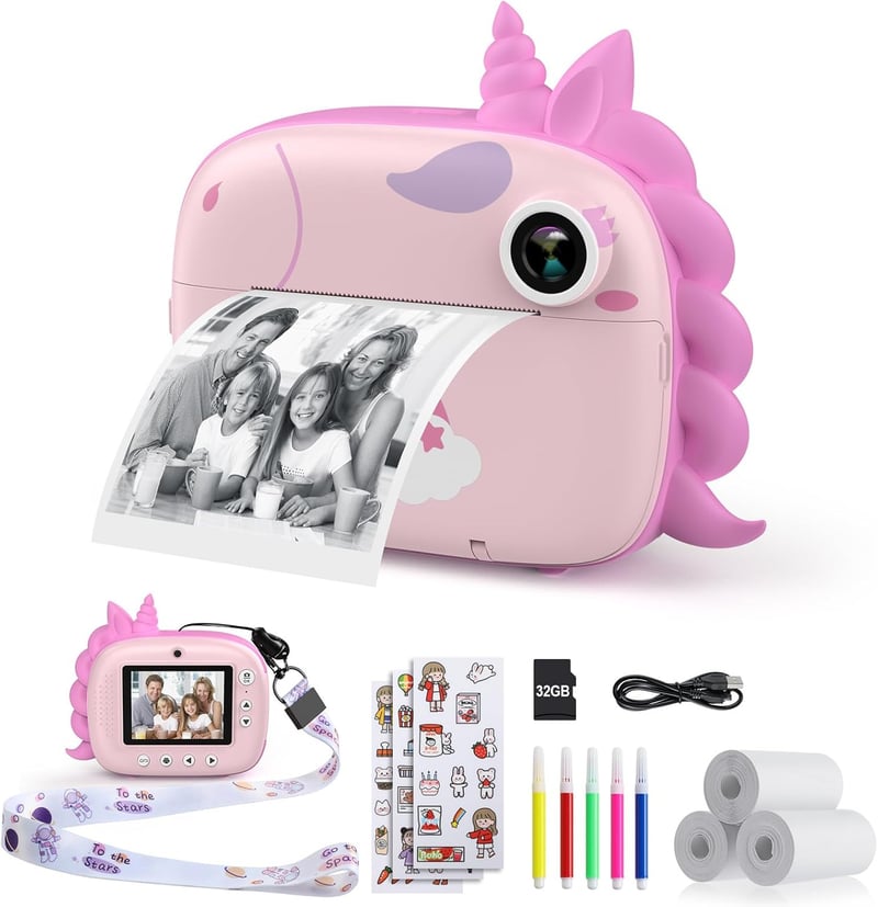 Kinder Sofortbildkamera mit Druckpapier und 32GB Karte – Geschenk für 3-14-Jährige (Rosa)