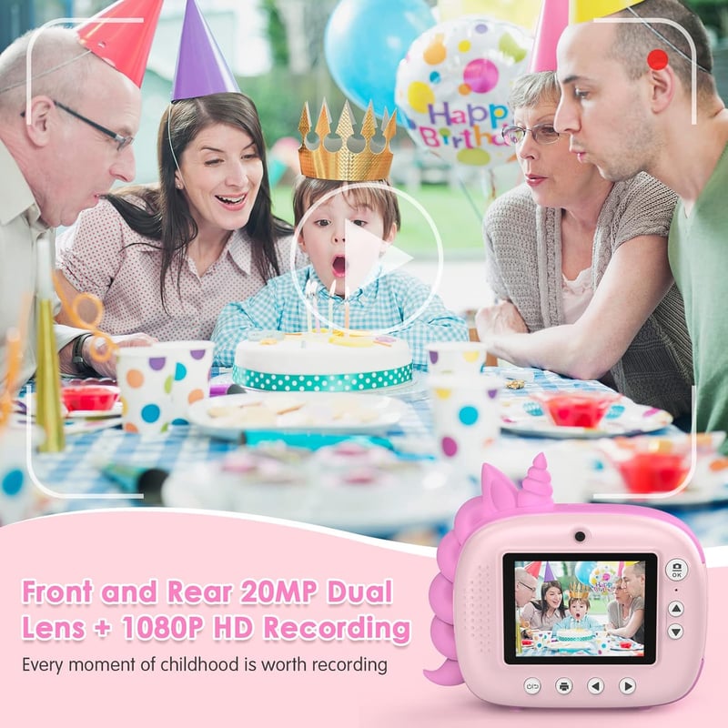 Kinder Sofortbildkamera mit Druckpapier und 32GB Karte – Geschenk für 3-14-Jährige (Rosa)