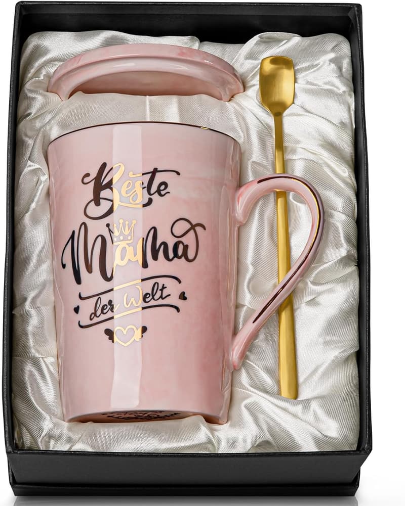 Beste Mama der Welt - 14oz Keramiktasse mit Deckel und Löffel