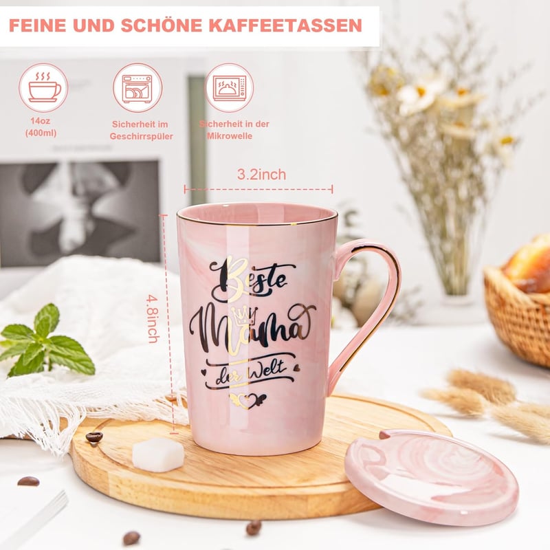 Beste Mama der Welt - 14oz Keramiktasse mit Deckel und Löffel