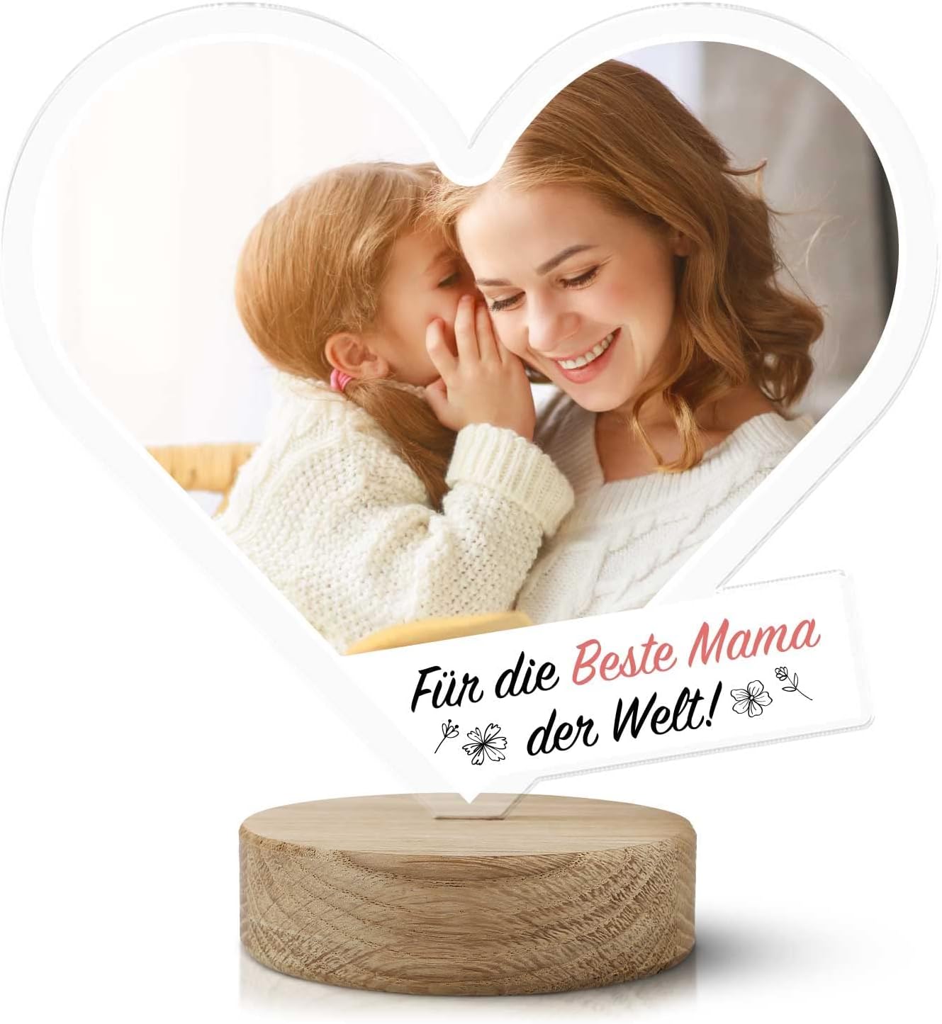Personalisiertes Acrylherz mit Foto und Holzsockel für Mama