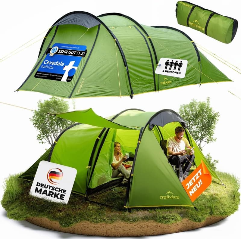 Trailvista® Cevedale Tunnelzelt für 2-4 Personen – wasserdicht, leicht und kompakt