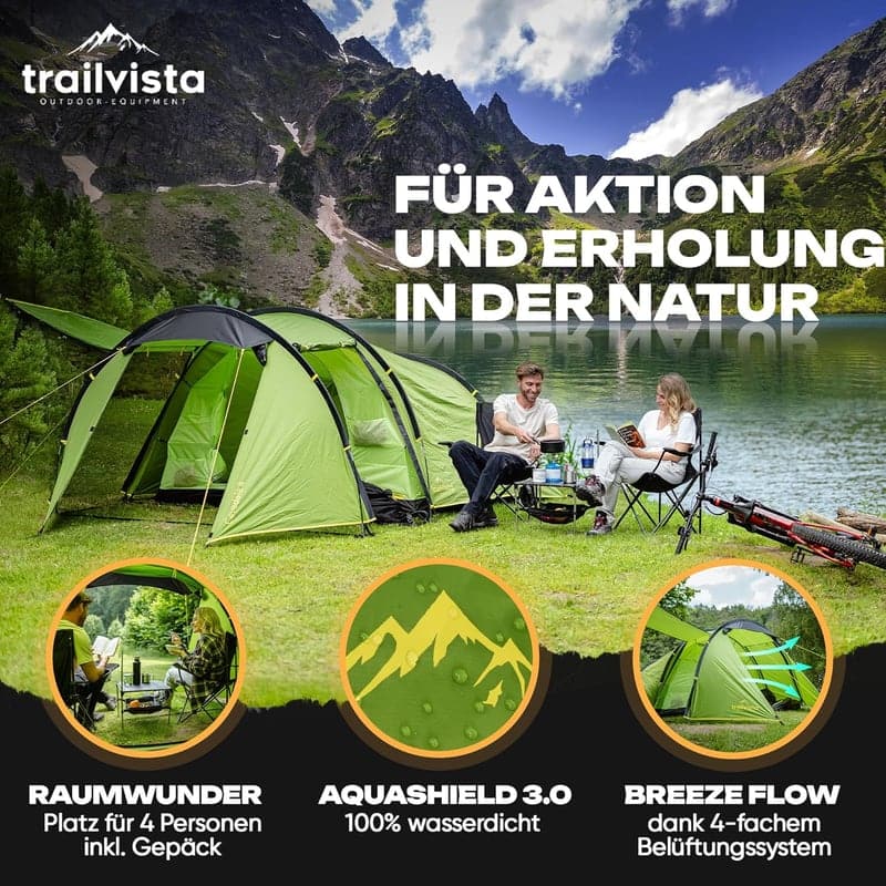 Trailvista® Cevedale Tunnelzelt für 2-4 Personen – wasserdicht, leicht und kompakt