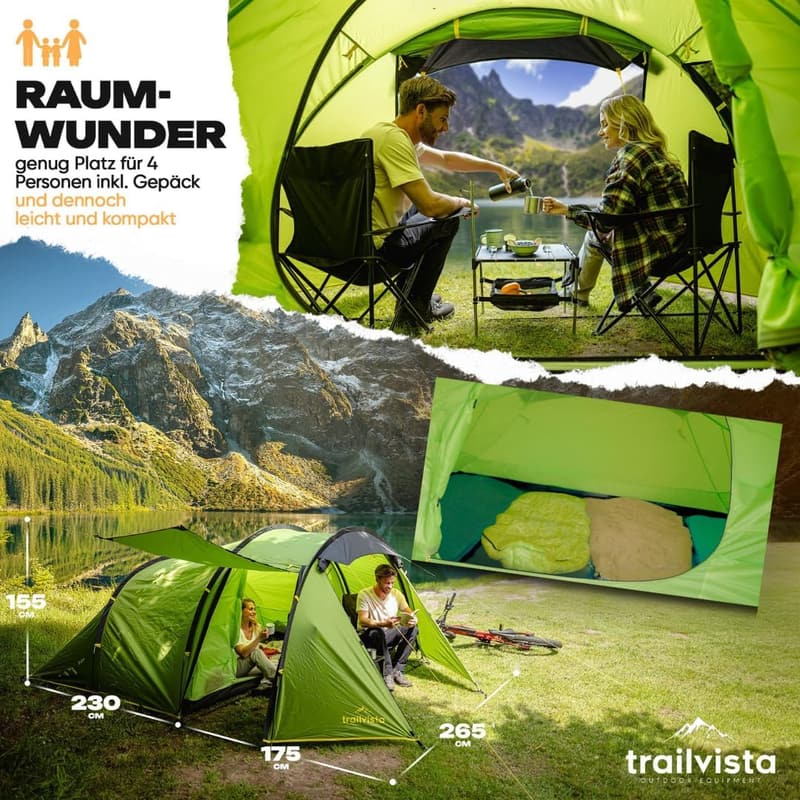 Trailvista® Cevedale Tunnelzelt für 2-4 Personen – wasserdicht, leicht und kompakt