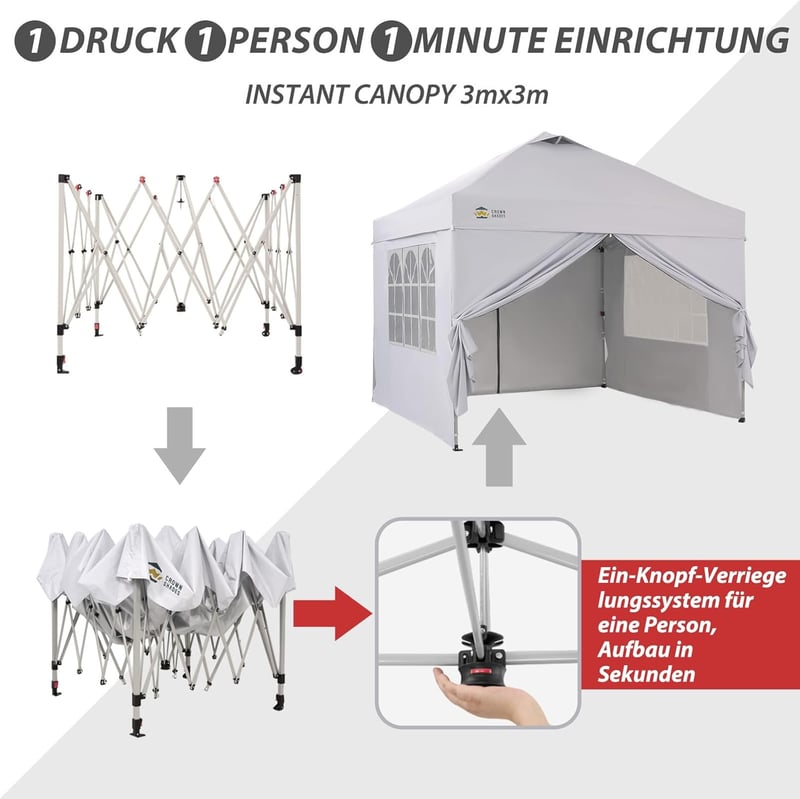 Wasserdichter Gartenpavillon 3x3m mit Seitenteilen und UV-Schutz
