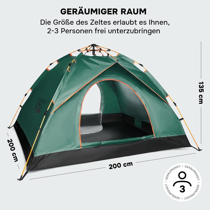 Wurfzelt für 2-3 Personen – Wasserdichtes Pop-Up Campingzelt 200x200 cm