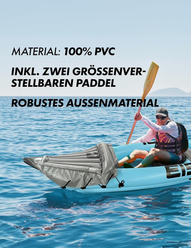 EISHAI Aufblasbares Kajak für 2 Personen – Robustes PVC, inkl. Paddel und Pumpe