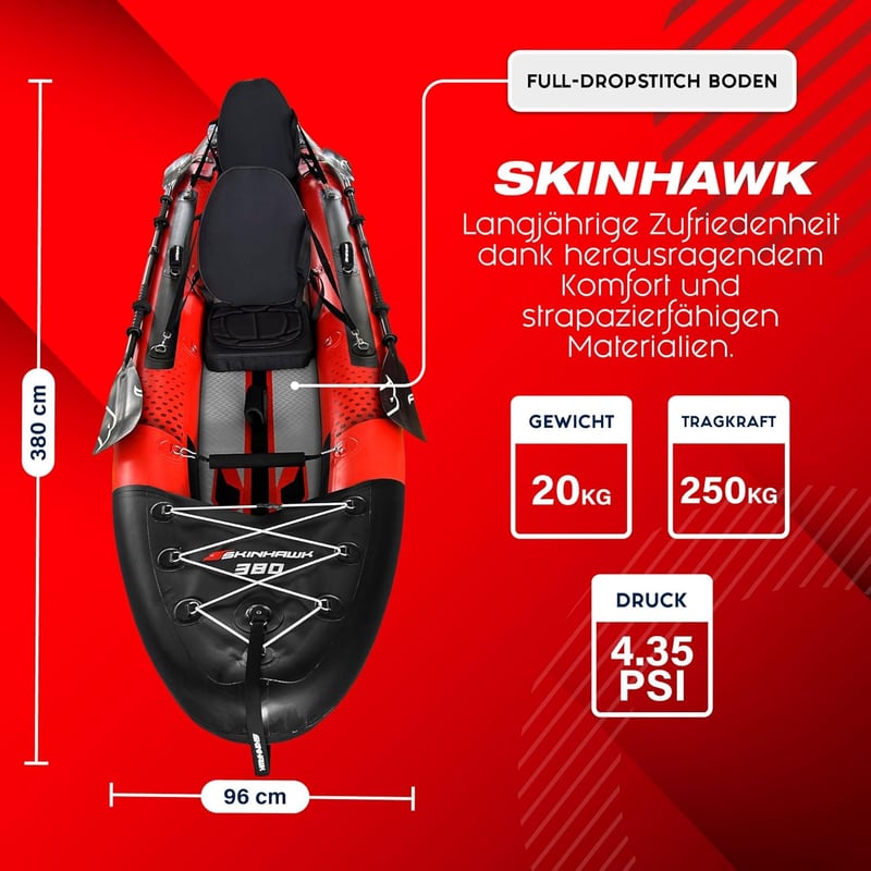 SKINHAWK Rot Kajak Set für 2 Personen – 380 cm Schlauchboot