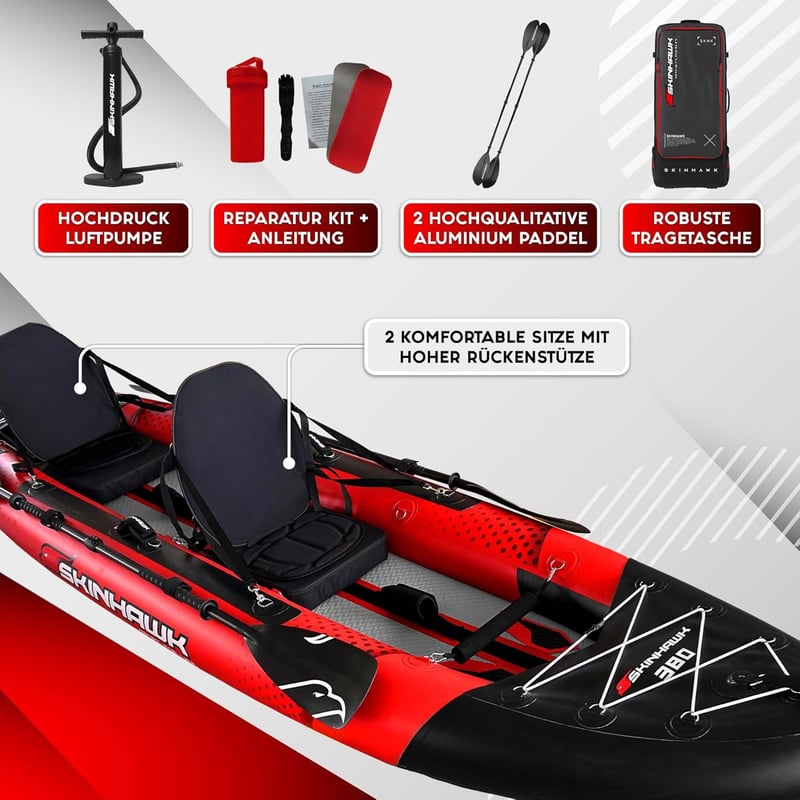SKINHAWK Rot Kajak Set für 2 Personen – 380 cm Schlauchboot