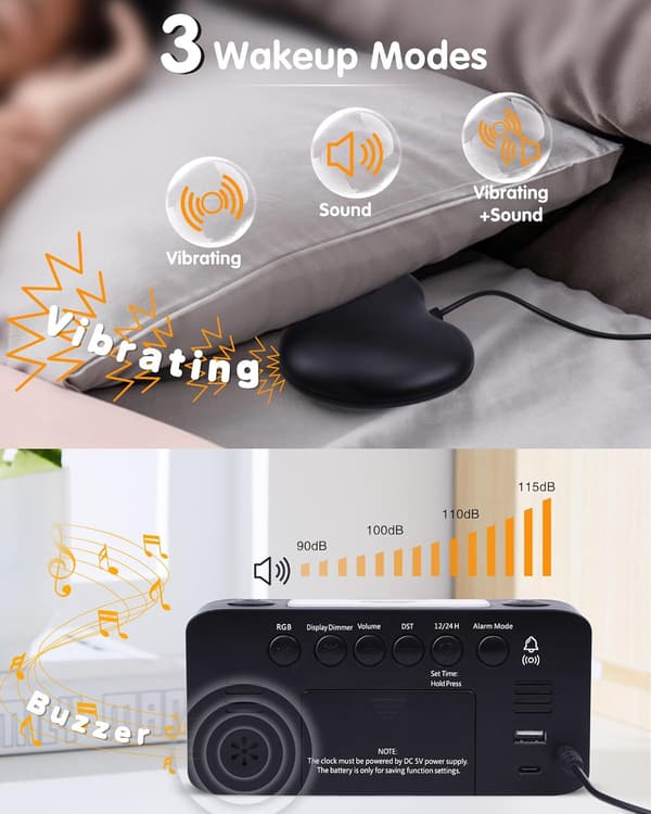 Vibrationswecker für Gehörlose mit RGB-Nachtlicht und USB-Ladegerät