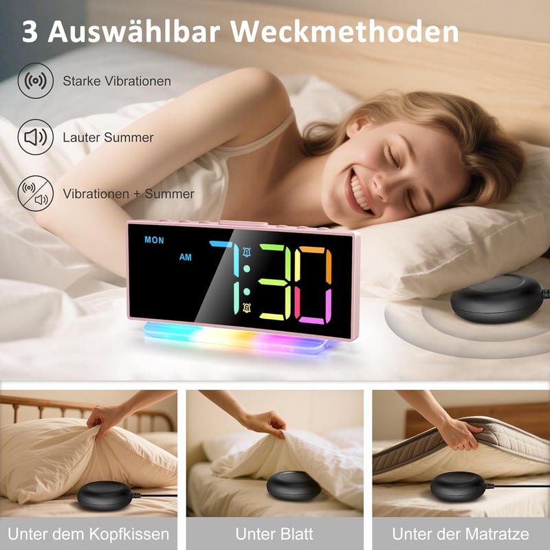 Vibrierender Alarmwecker mit LED-Nachtlicht und 2 Alarmzeiten