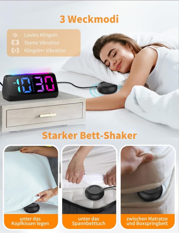 Lauter Vibrationswecker für Tiefschläfer mit Nachtlicht und USB