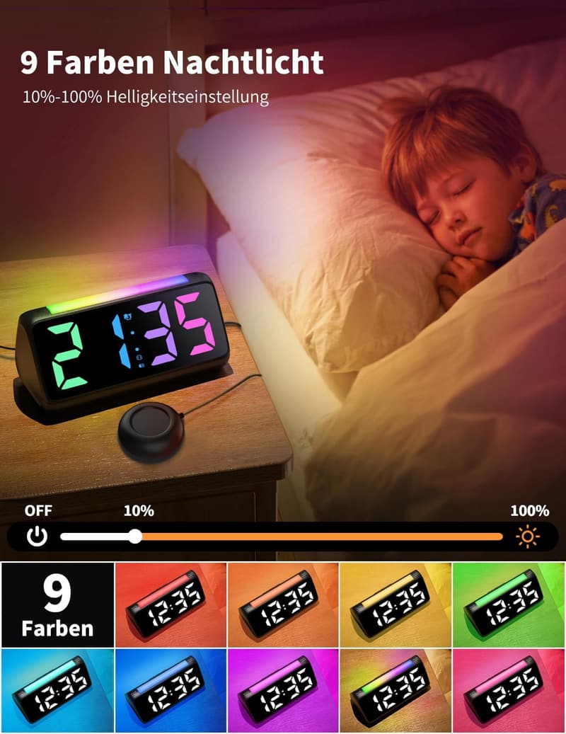 Lauter Vibrationswecker für Tiefschläfer mit Nachtlicht und USB