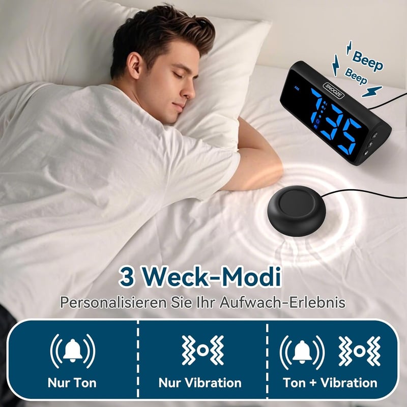 Lauter Vibrationswecker mit Doppelalarm und RGB-Anzeige für Hörgeschädigte