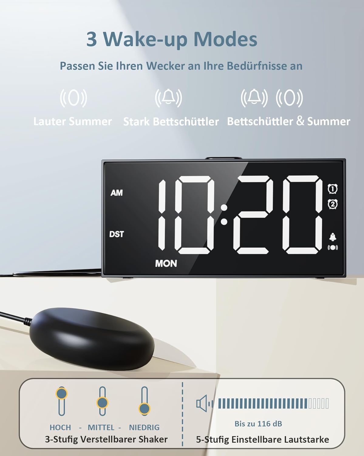 Lauter Vibrationswecker mit Bettschüttler und großem Display