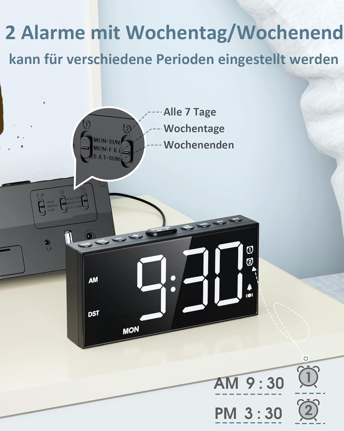 Lauter Vibrationswecker mit Bettschüttler und großem Display