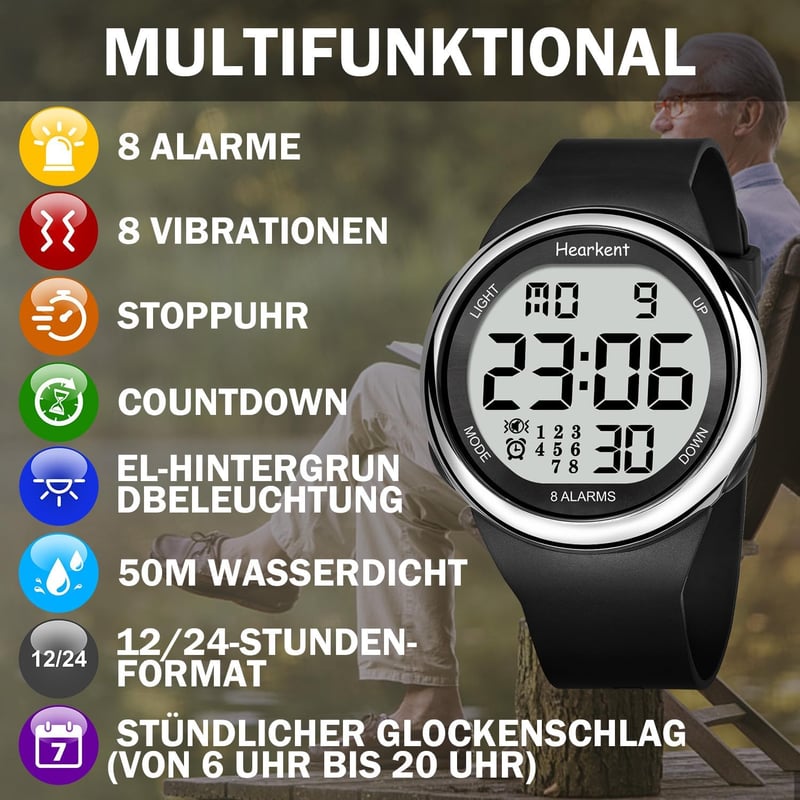Vibrationsalarm-Uhr mit 8 Erinnerungen für Senioren und Blinde