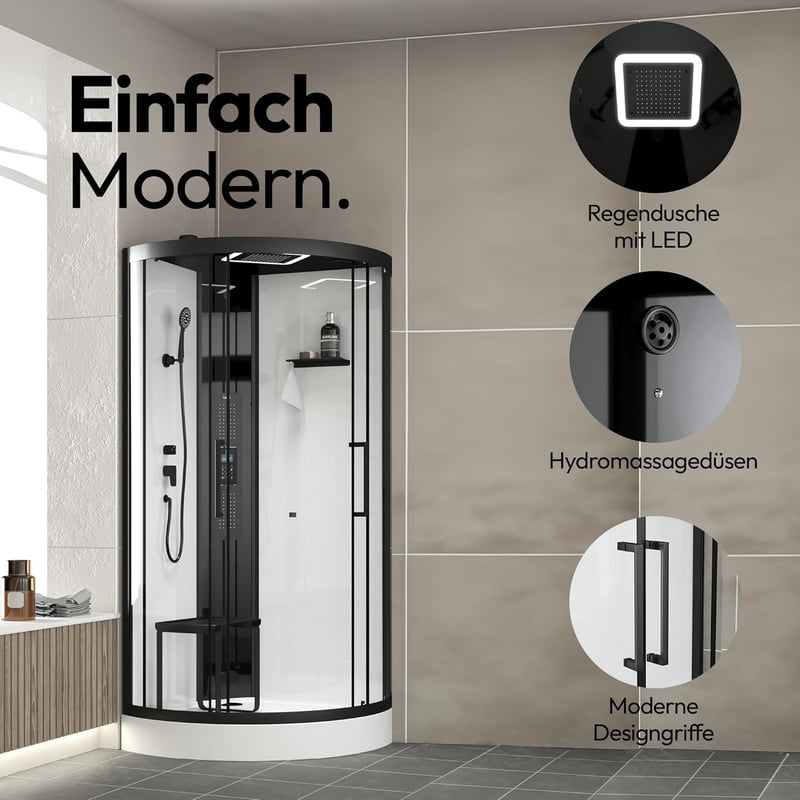 Wellness Duschkabine mit Regendusche, Acrylwanne und Bluetooth – 95x95x220cm
