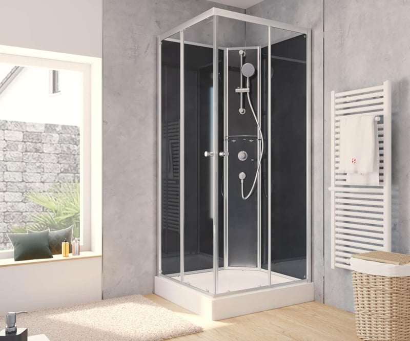 Fertigdusche Rimini 90 x 90 cm mit Duschsystem und Sicherheitsglas