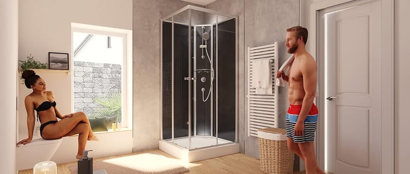 Fertigdusche Rimini 90 x 90 cm mit Duschsystem und Sicherheitsglas