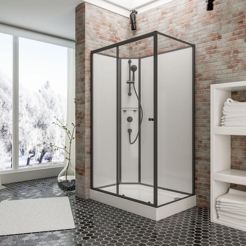 Fertigdusche Ibiza 120x80 cm mit mattschwarzen Profilen und Zubehör