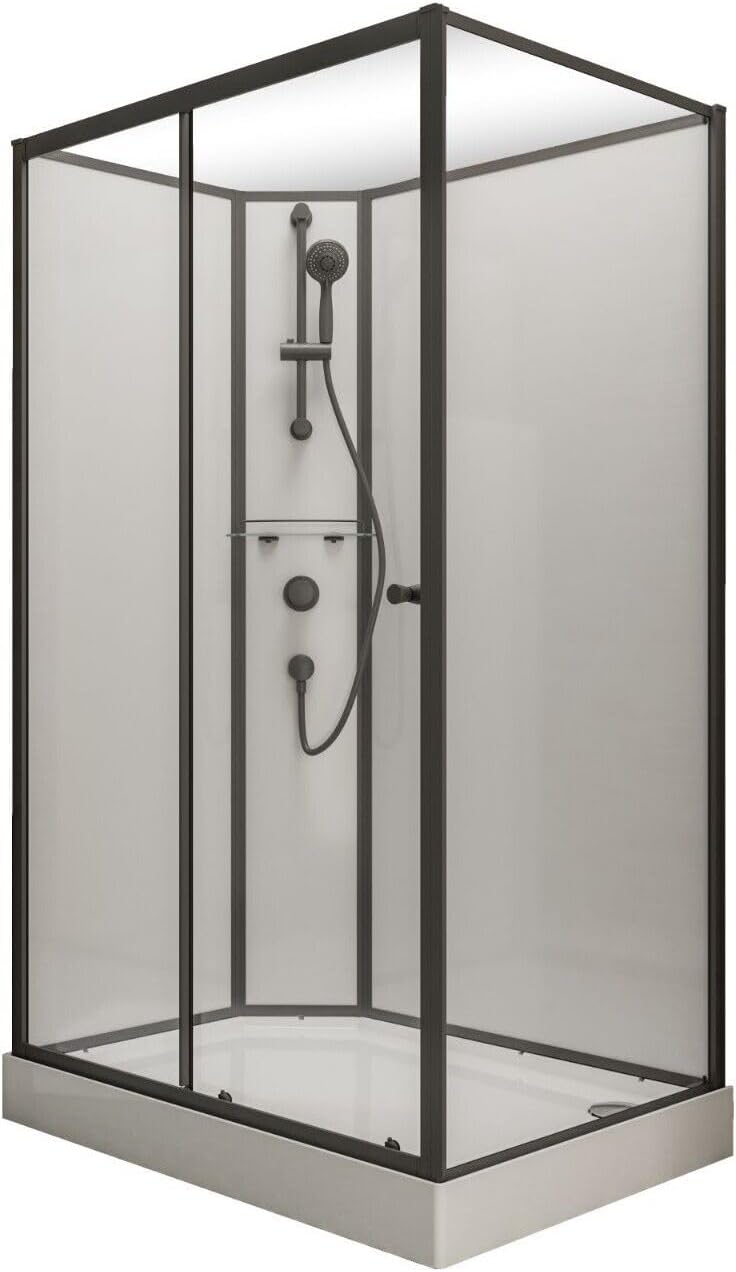 Fertigdusche Ibiza 120x80 cm mit mattschwarzen Profilen und Zubehör