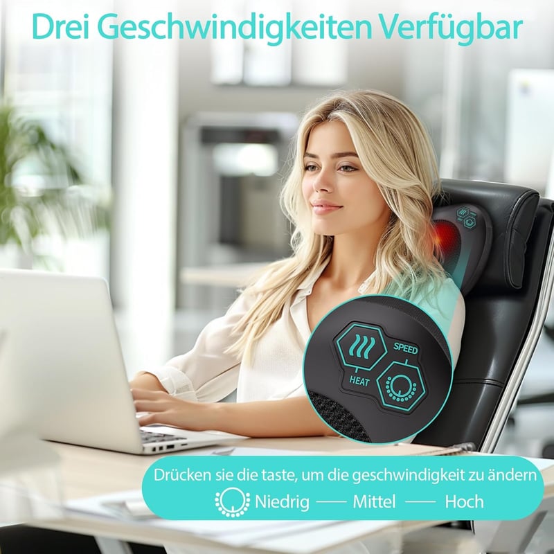 Shiatsu Nackenmassagegerät mit 8 Knoten und 3 Geschwindigkeiten