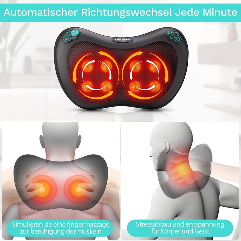 Shiatsu Nackenmassagegerät mit 8 Knoten und 3 Geschwindigkeiten