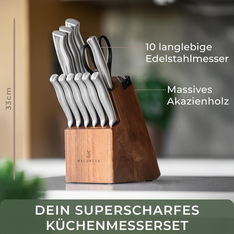 WALDWERK 11-teiliges Messerset mit integriertem Messerschärfer und Block