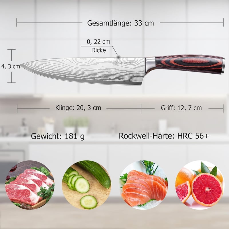 Profi Kochmesser 20 cm aus hochwertigem Carbon Edelstahl