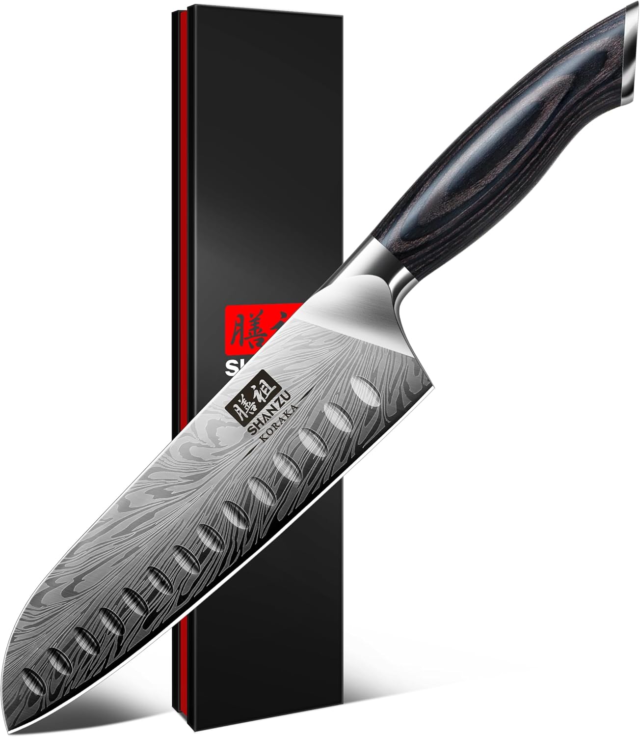 SHAN ZU Santokumesser aus Pulverstahl mit Pakkaholzgriff, 18 cm