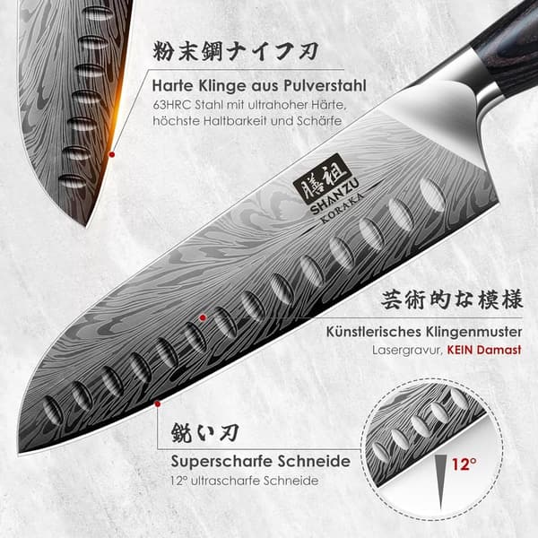 SHAN ZU Santokumesser aus Pulverstahl mit Pakkaholzgriff, 18 cm