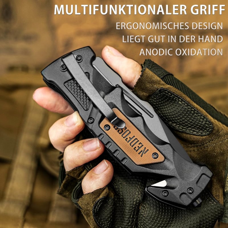NedFoss DA75 Taschenmesser mit Gurtschneider und Glasbrecher, 10 cm, Survival-Messer in Geschenk-Box