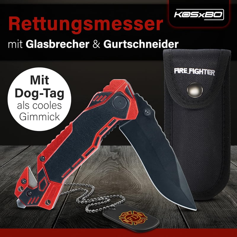 KOSxBO® Rettungsmesser für Feuerwehr mit Glasbrecher und Gurtschneider