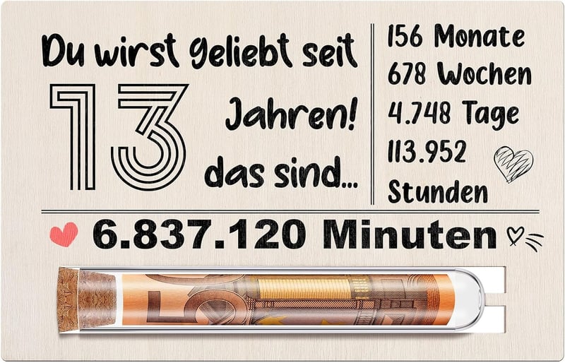 Geldgeschenk zum 13. Geburtstag aus Holz mit Reagenzglas und Karte