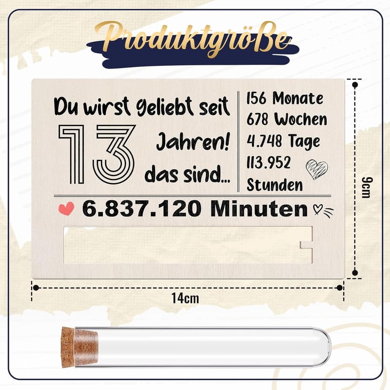 Geldgeschenk zum 13. Geburtstag aus Holz mit Reagenzglas und Karte