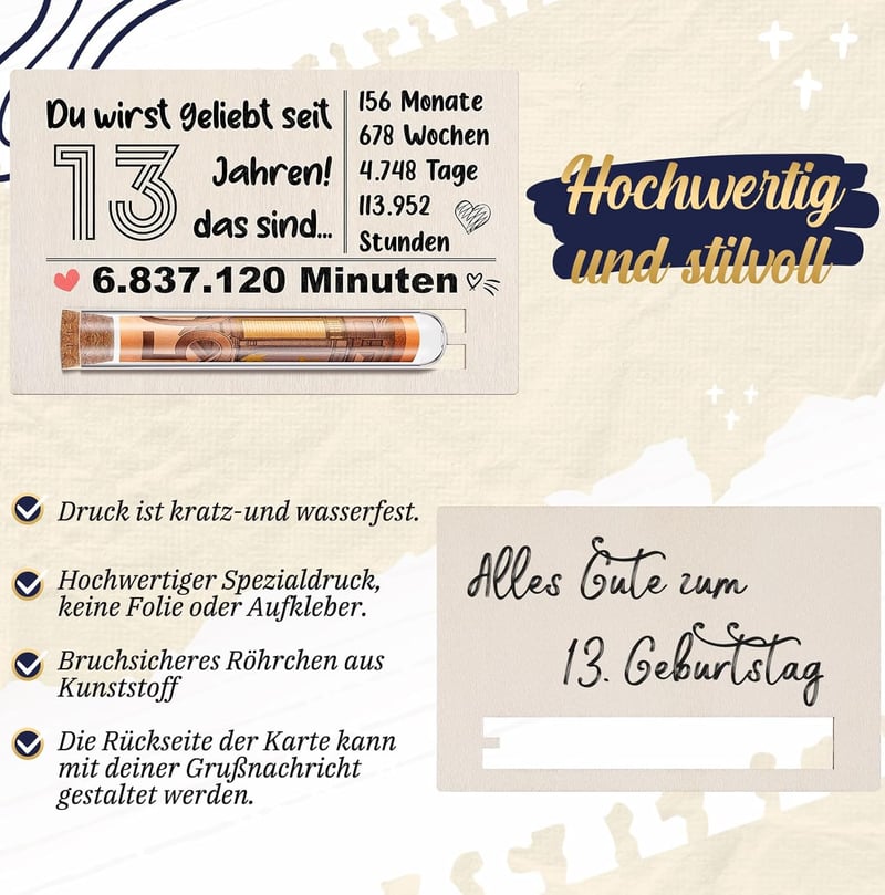 Geldgeschenk zum 13. Geburtstag aus Holz mit Reagenzglas und Karte