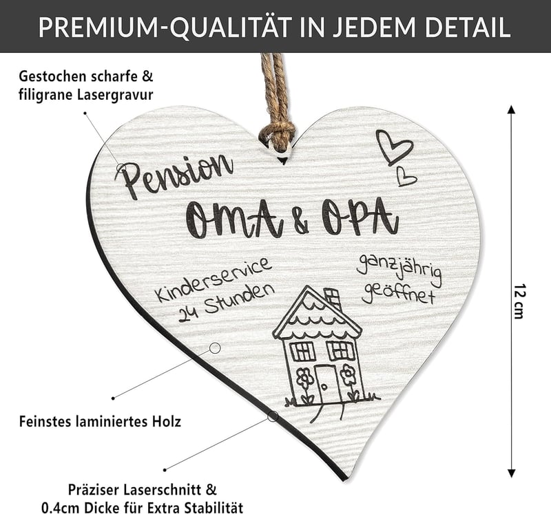 Personalisierte Deko-Herz aus Holz für Großeltern zum Geburtstag