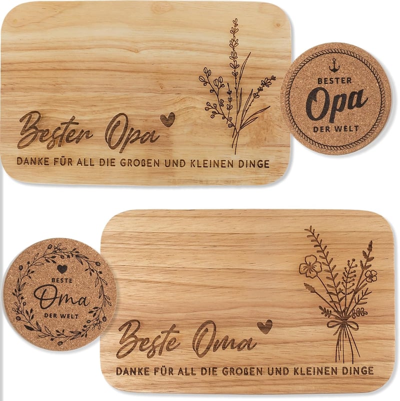 Geschenkset für Großeltern | Gravierte Frühstücksbrettchen aus Holz