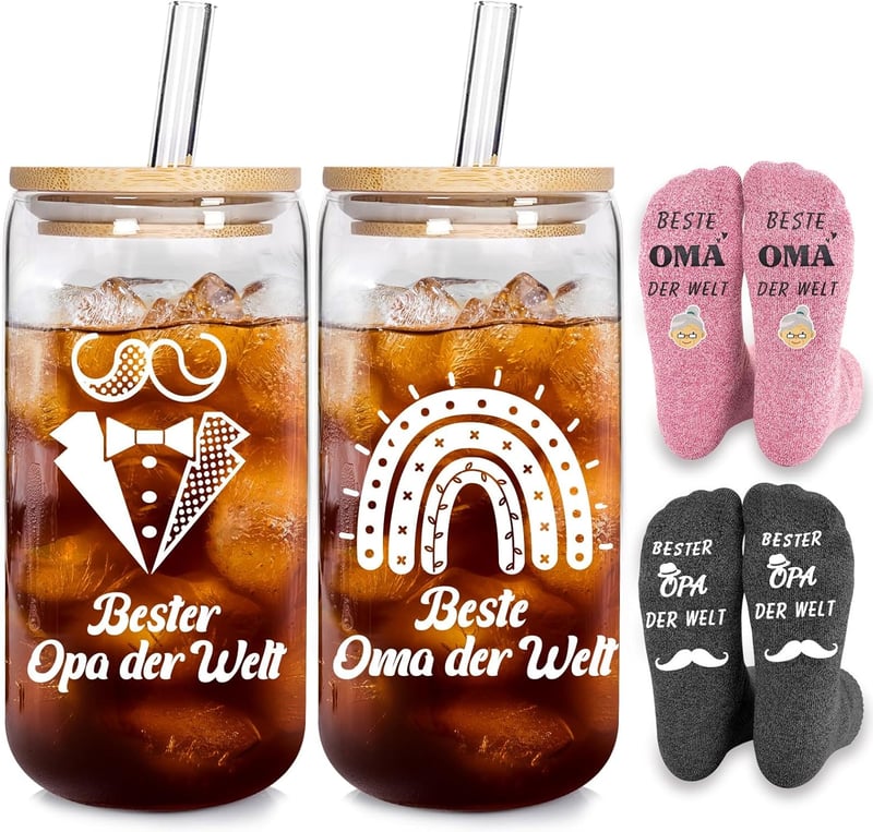 Gläser-Set für Opa und Oma mit Deckel und Strohhalm, 500ml