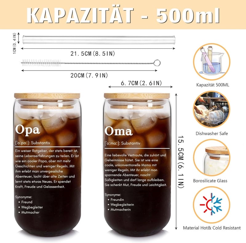 Gläser-Set für Opa und Oma mit Deckel und Strohhalm, 500ml