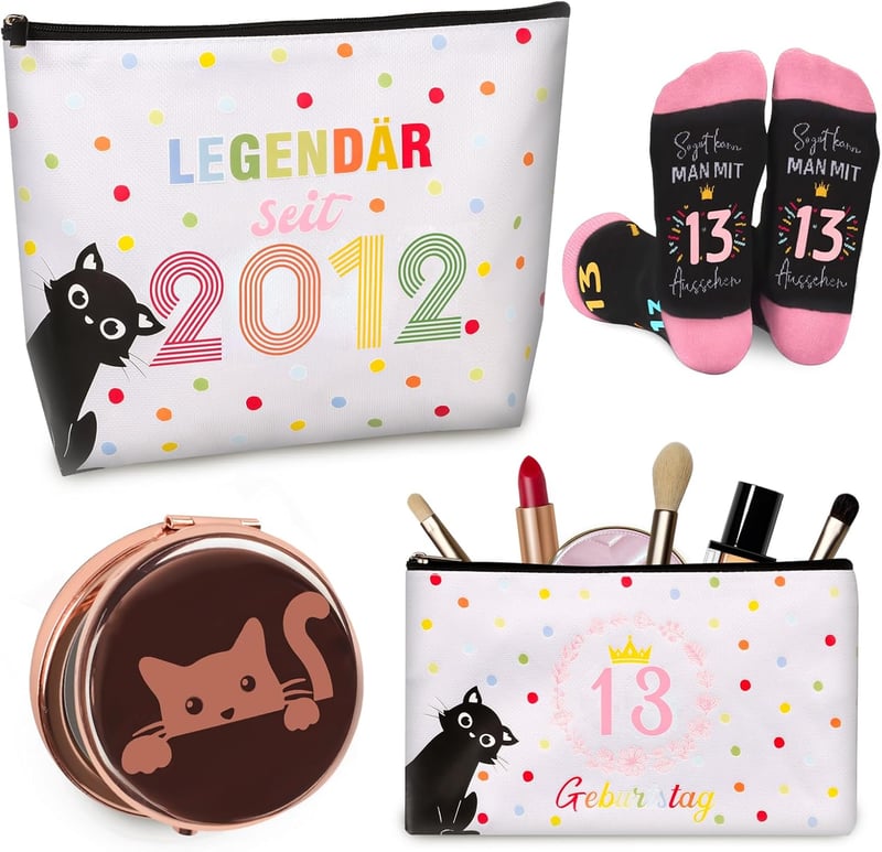 Originelles 13. Jahrestag Geschenkset für Mädchen – 3 Stück mit Kosmetiktasche, Socken und Taschenspiegel