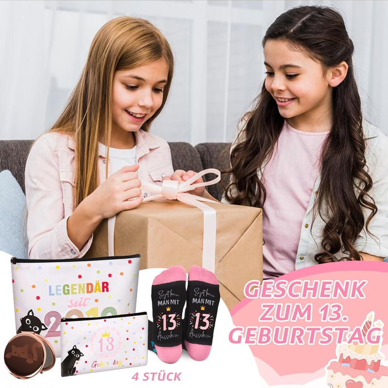 Originelles 13. Jahrestag Geschenkset für Mädchen – 3 Stück mit Kosmetiktasche, Socken und Taschenspiegel
