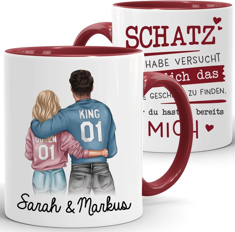 Personalisierte Keramiktasse für Paare in Bordeauxrot