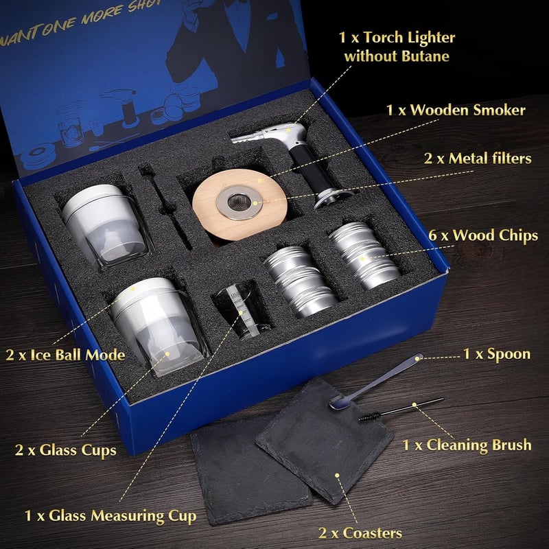 Whiskey Räucher Set mit Taschenlampe und 6 Holzchips für Männer
