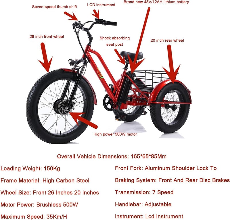 All-Terrain-Dreirad für Erwachsene mit LCD-Instrument und Tragekorb